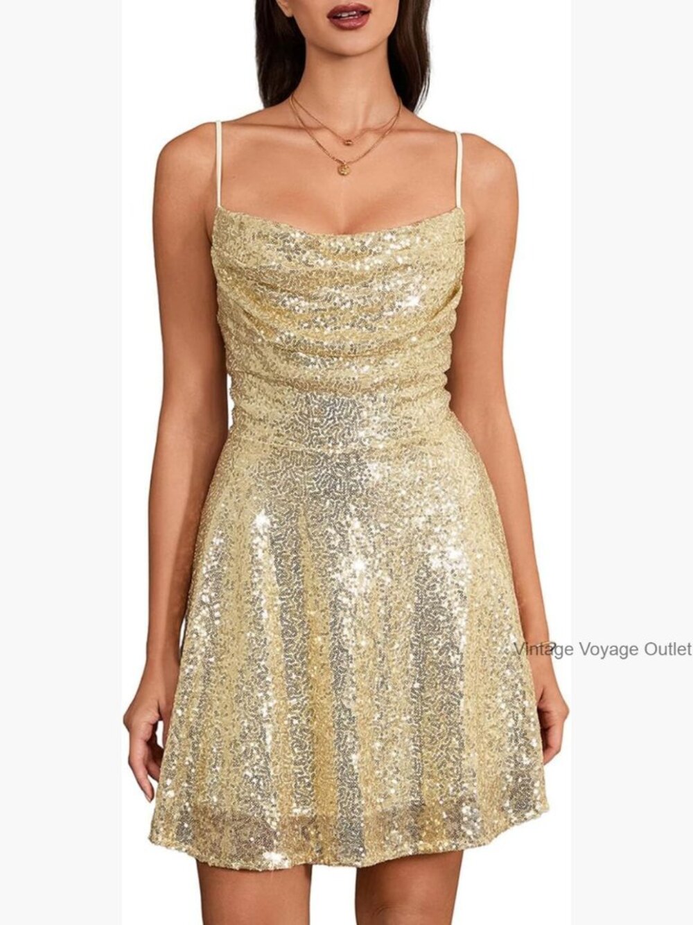 Sequin Backless Mini Dress Spaghetti Strap Cowl Neck Cocktail Party